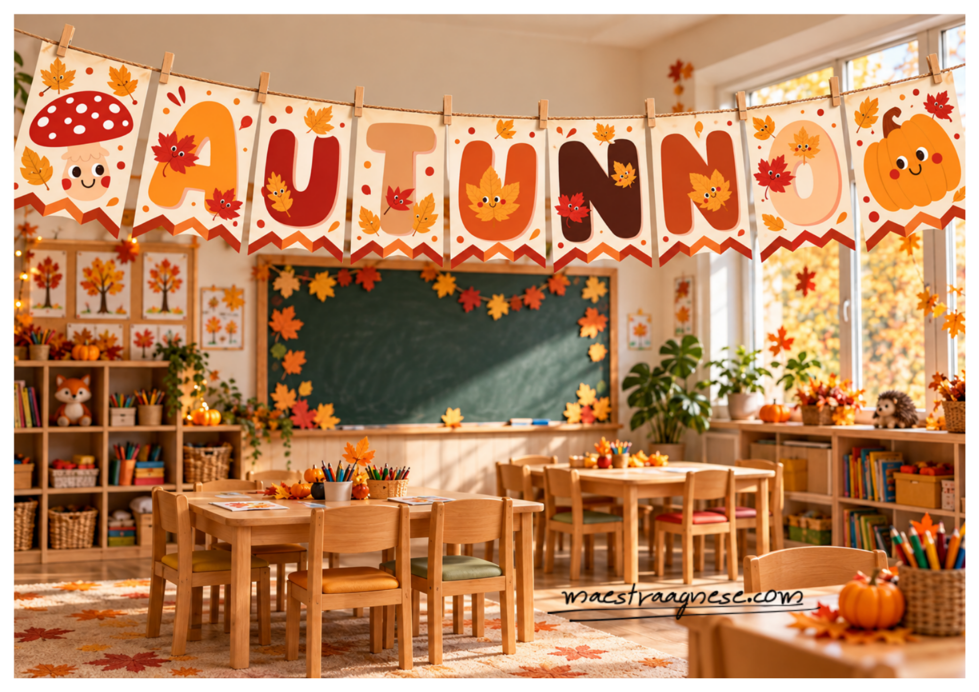 Striscione autunnale con lettere colorate e decorazioni a tema autunno