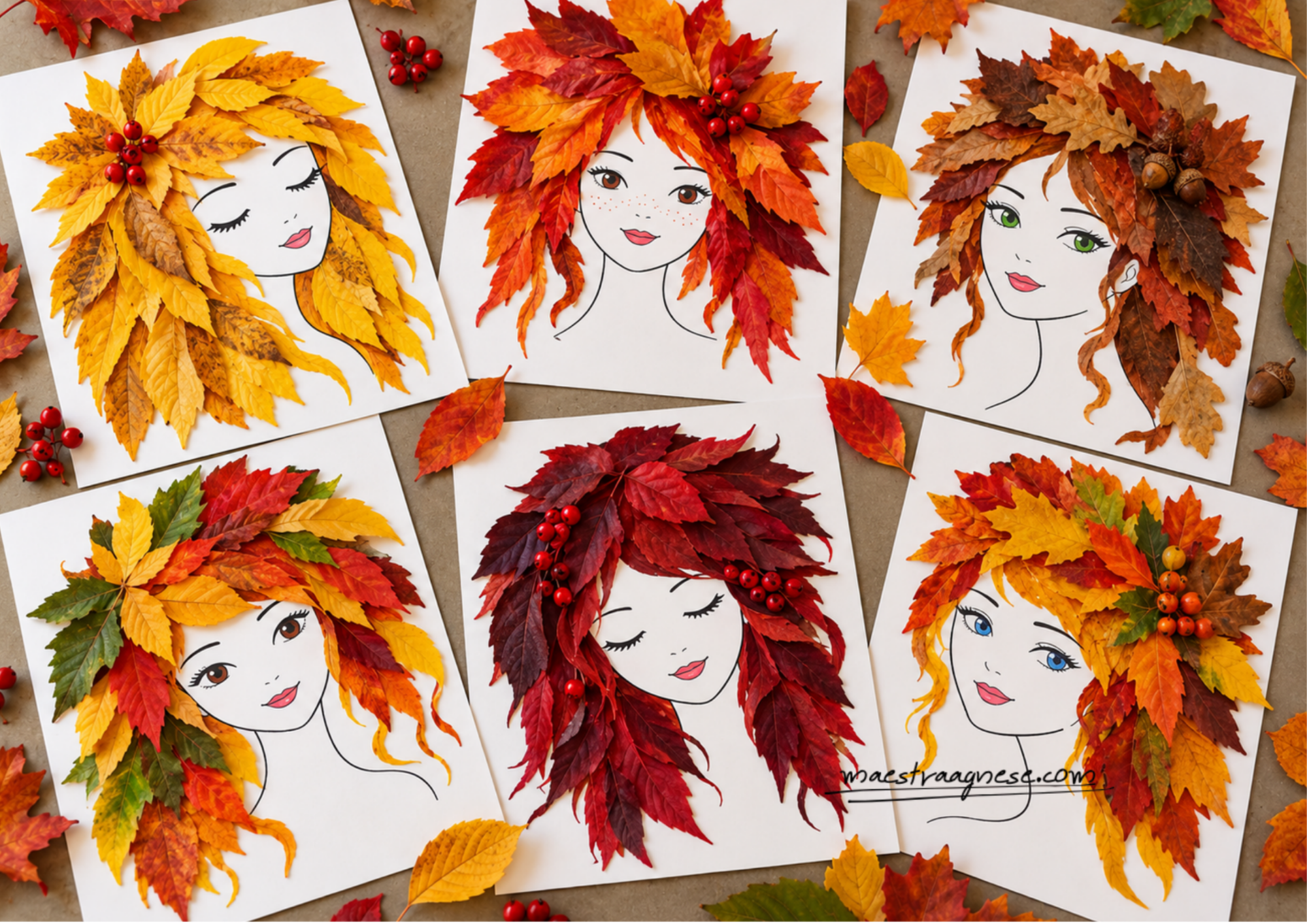 Ritratti d'autunno decorati con foglie colorate