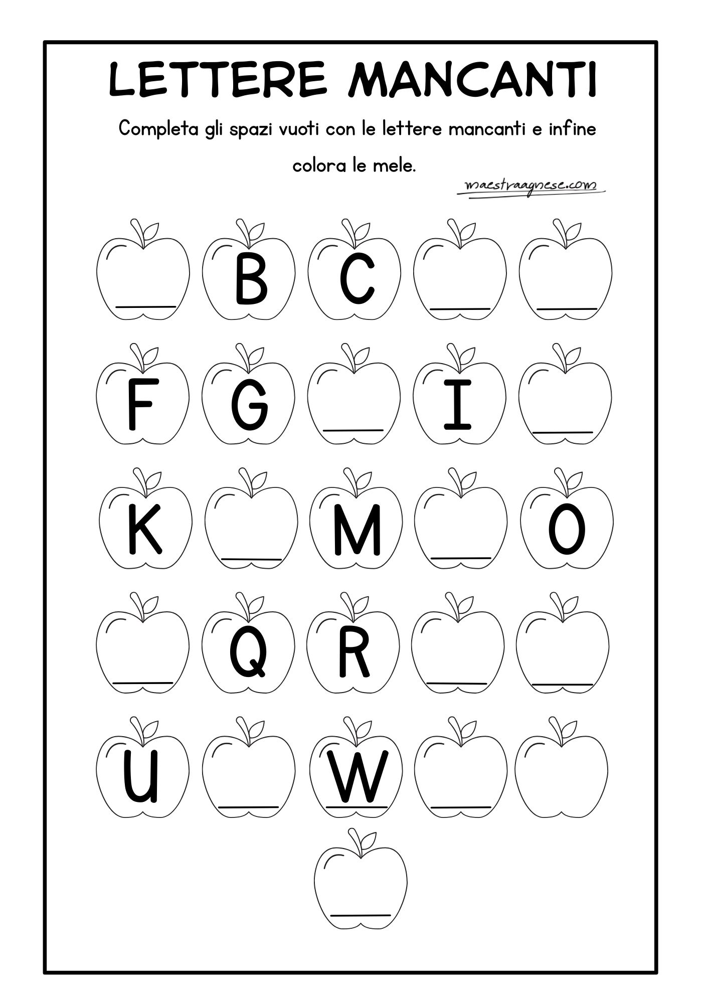 Scheda didattica con lettere mancanti dell’alfabeto da completare e colorare con mele per la scuola primaria