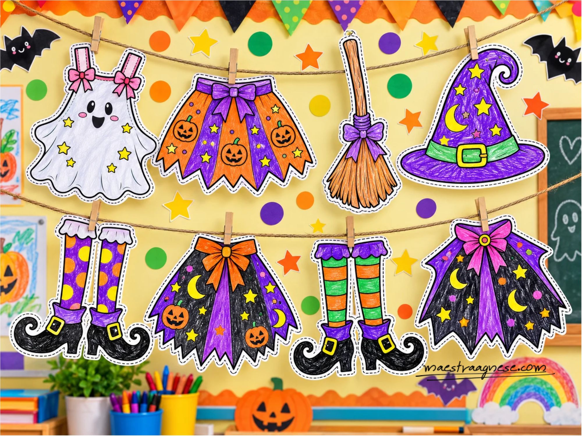 Il bucato delle streghe con vestiti, cappello, scopa e stivali di Halloween colorati e appesi a un filo in cla