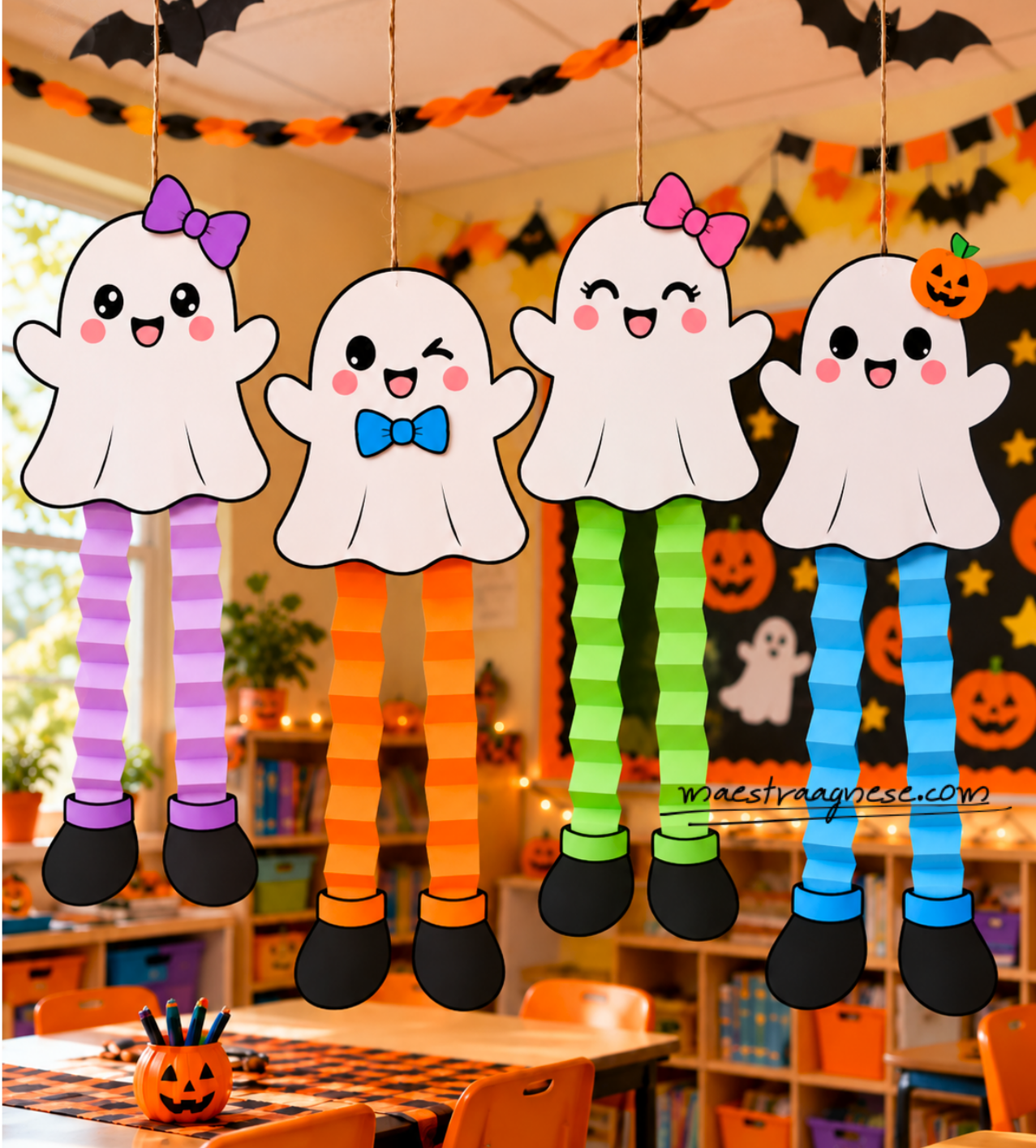 Quattro fantasmini di Halloween con gambe a fisarmonica da appendere in classe decorata