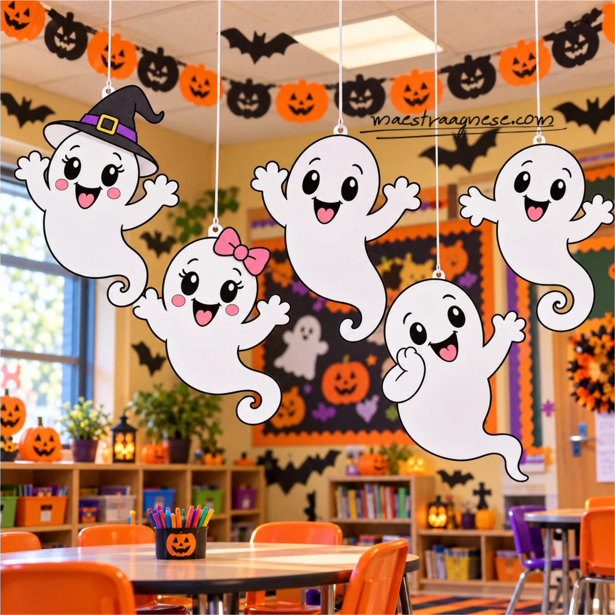 Fantasmini di Halloween appesi in una classe decorata con zucche e pipistrelli
