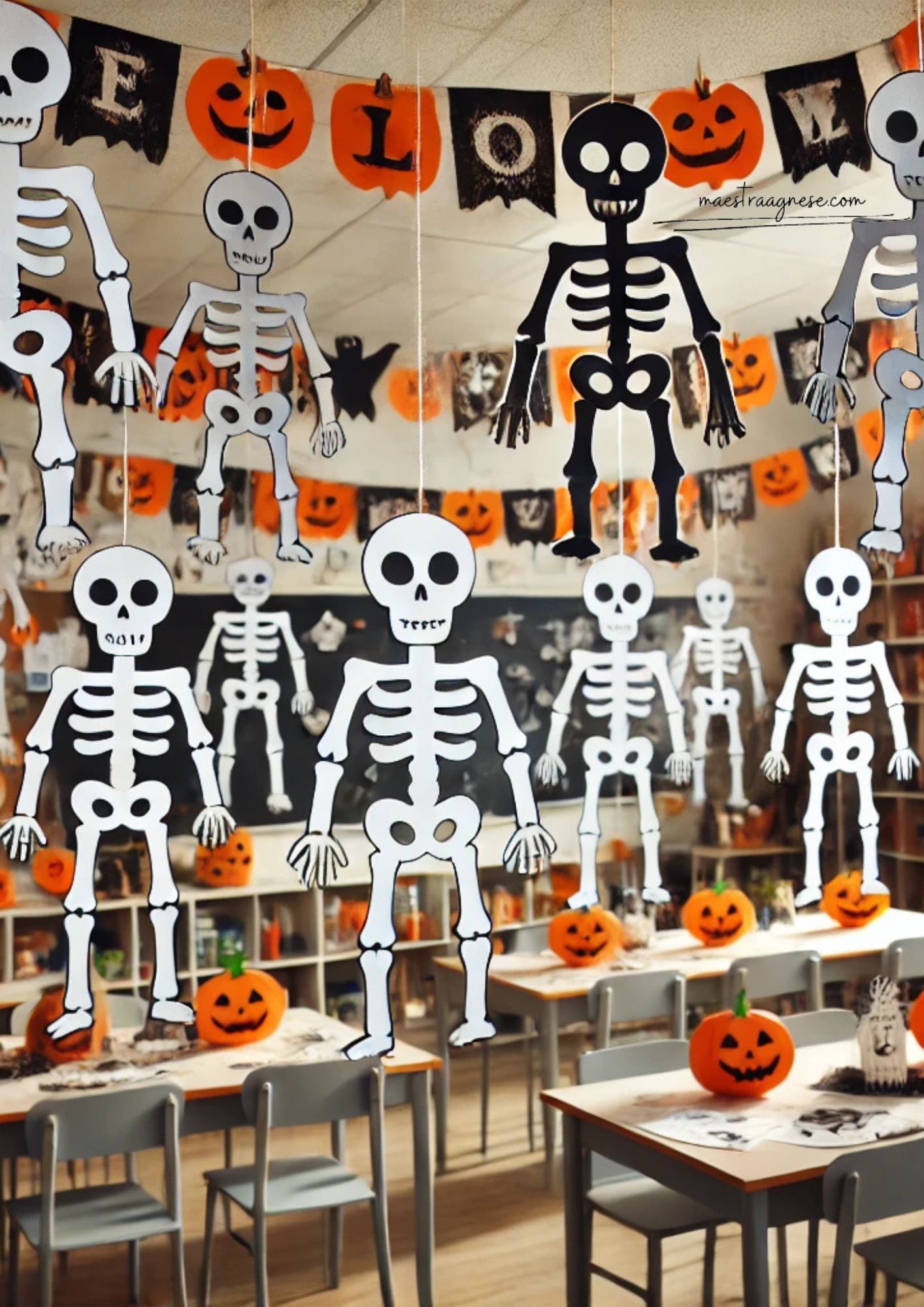 Sagoma da ritagliare dello scheletrino di Halloween con testa, braccia e mani